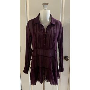 FREE PEOPLE Purple Guaze Tiered Long Sleeve Mini Dress Button Size Small